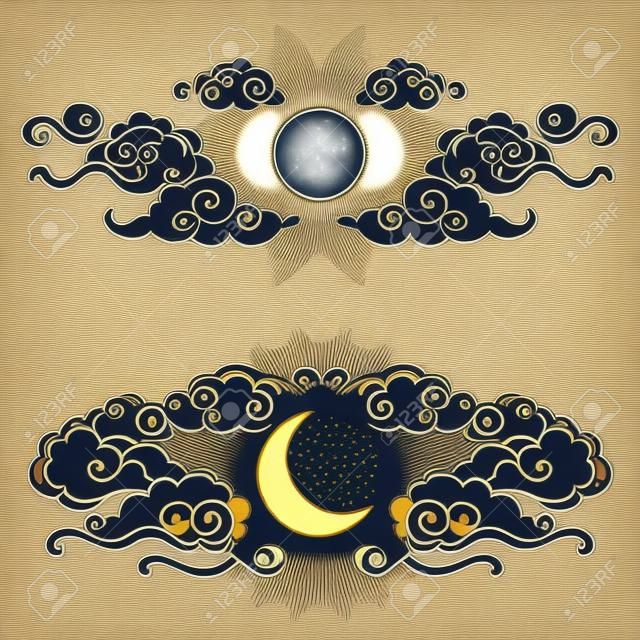 Sun and moon in the cloudy sky. Decorative graphic design elements in oriental style. Vector hand drawn illustration