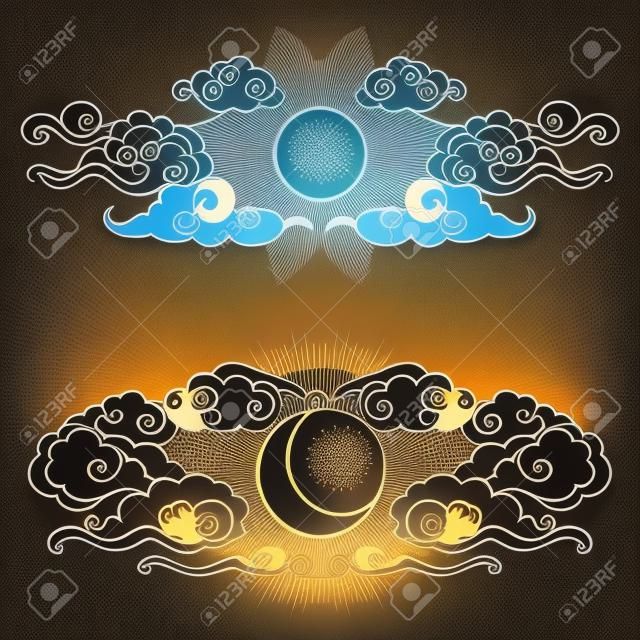 Sol y la Luna en el cielo nublado. elementos de diseño gráfico decorativos de estilo oriental. Ilustración del vector dibujado a mano