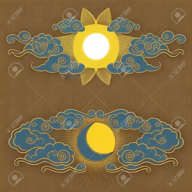 Sol y la Luna en el cielo nublado. elementos de diseño gráfico decorativos de estilo oriental. Ilustración del vector dibujado a mano