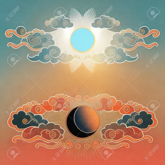Sun and moon in the cloudy sky. Decorative graphic design elements in oriental style. Vector hand drawn illustration