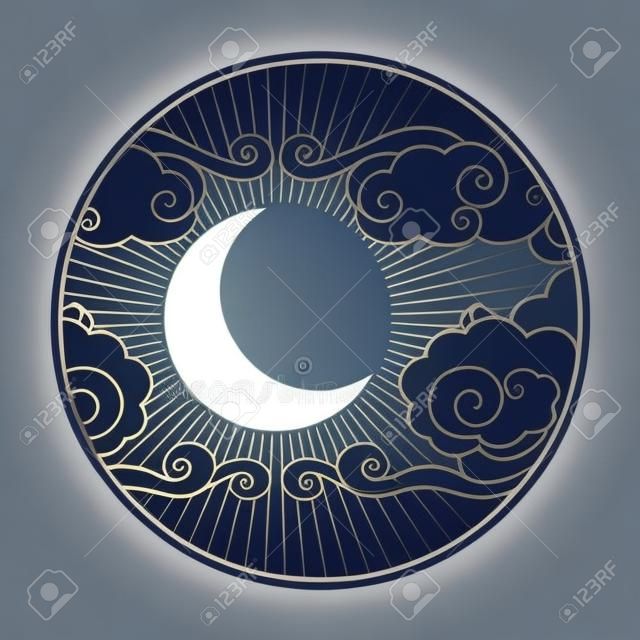 Crescent moon in the cloudy sky. Decorative graphic design element. Vector illustration in oriental style