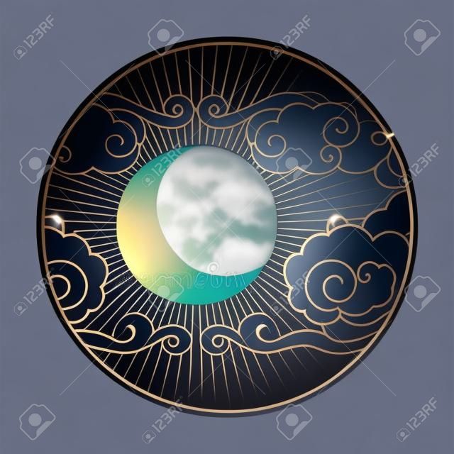 Falce di luna in cielo nuvoloso. Decorativo grafica elemento di design. Illustrazione vettoriale in stile orientale