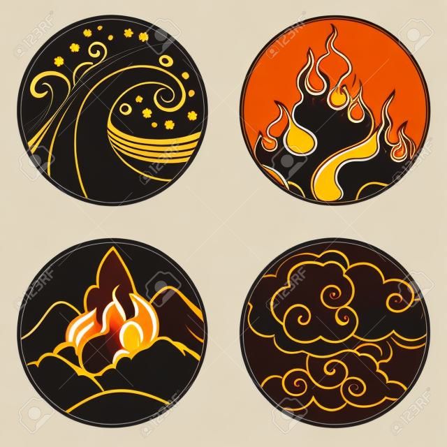 Water, fire, ground, air. Collection of decorative graphic design elements in oriental style. Vector hand drawn illustration