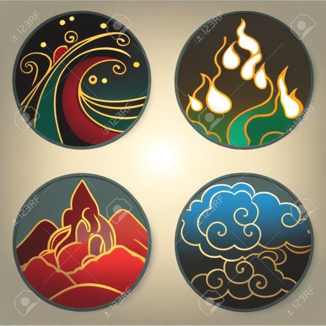 Water, fire, ground, air. Collection of decorative graphic design elements in oriental style. Vector hand drawn illustration
