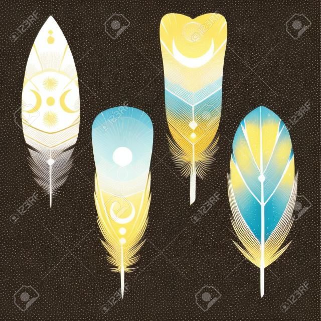 Painted bird feathers. Vector hand drawn illustration in boho style.