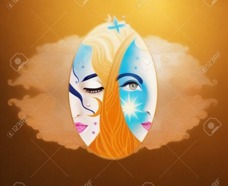 Две красивые девушки с солнцем и луной на лицах.