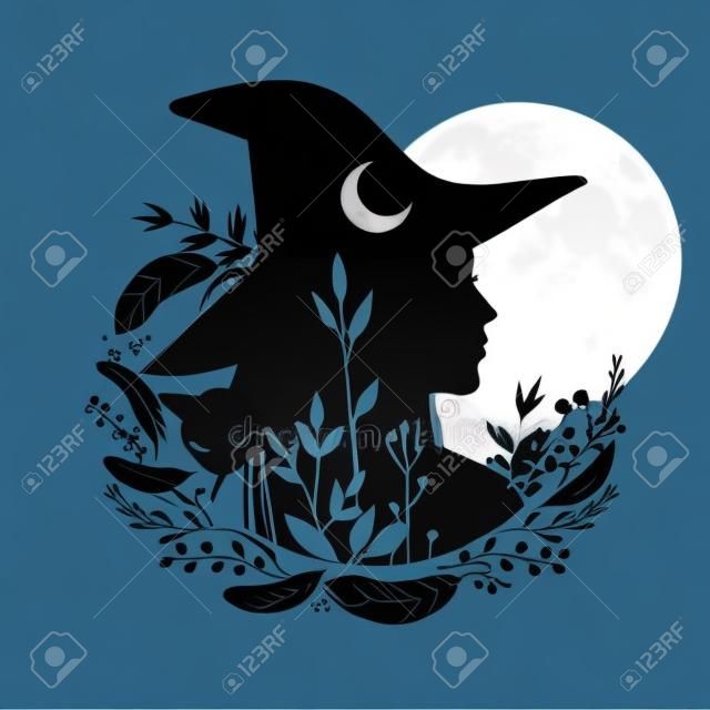 Silhouette of beautiful young witch with moon and wild herbs. Vector illustration