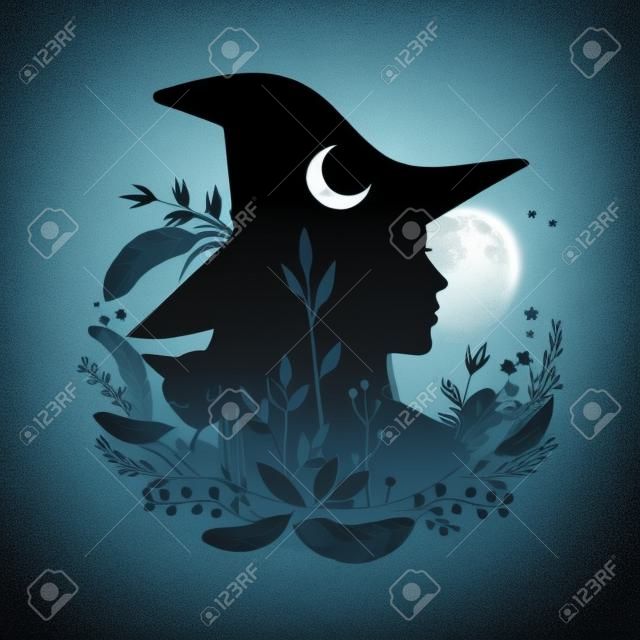 Silhouette of beautiful young witch with moon and wild herbs. Vector illustration