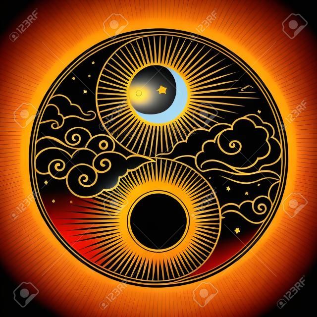 Decorative graphic design element in oriental style. Sun, Moon, clouds, stars. Vector hand drawing illustration