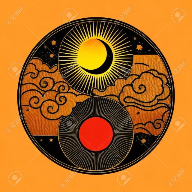Element ozdobny projekt graficzny w stylu orientalnym. Słońce, Księżyc, chmury, gwiazdy. Ilustracja wektorowa ręcznie rysunek