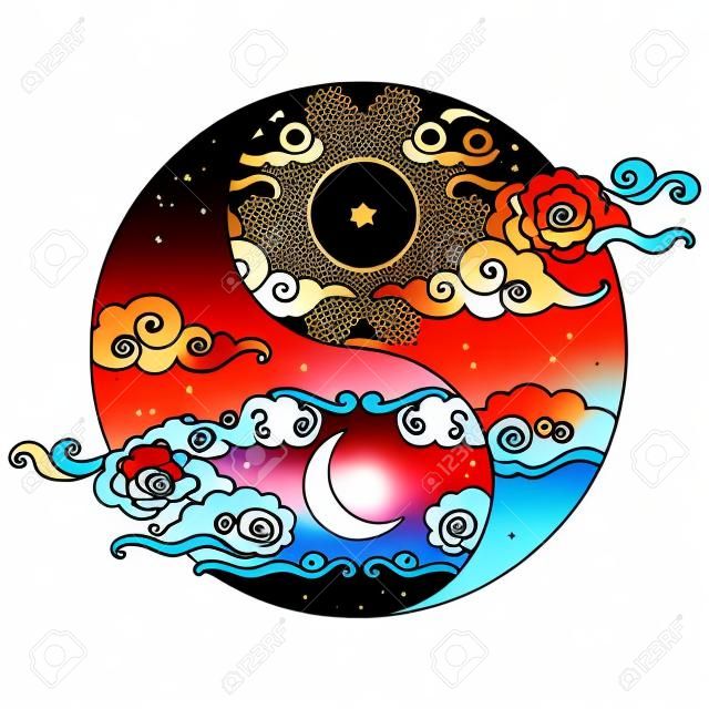 Decorative graphic design element in oriental style. Sun, Moon, clouds, stars. Vector hand drawing illustration