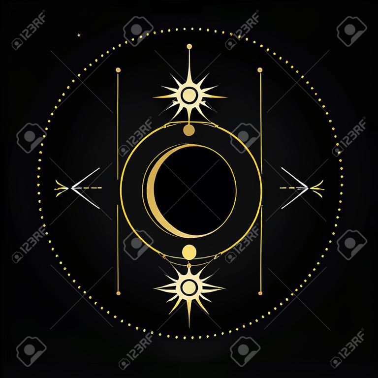 Święta geometria. Księżyc, gwiazdy, orbity. Ilustracja wektorowa na czarnym tle