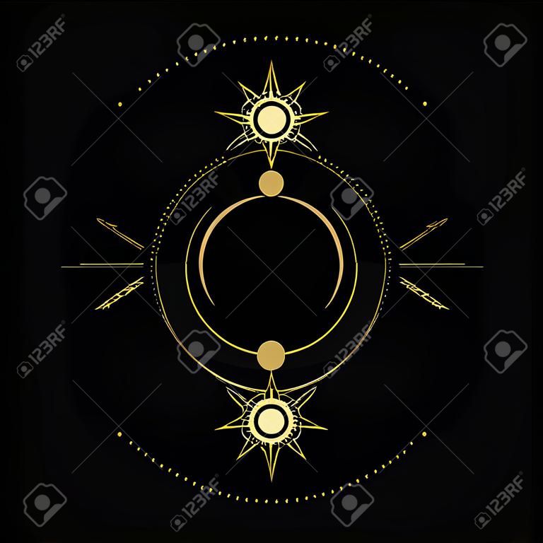 Święta geometria. Księżyc, gwiazdy, orbity. Ilustracja wektorowa na czarnym tle