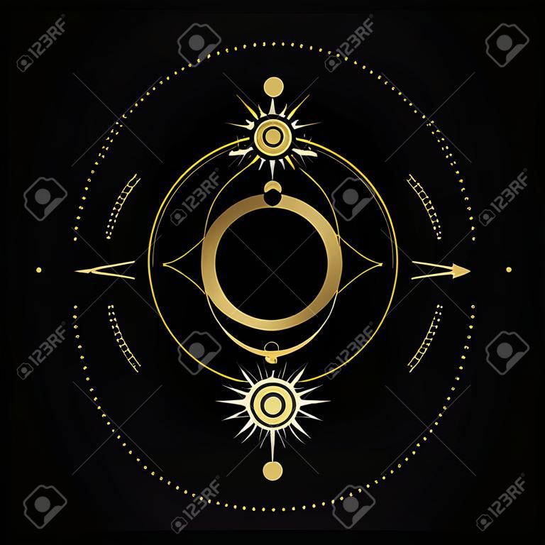 Géométrie sacrée. Lune, étoiles, orbites. Illustration vectorielle sur fond noir