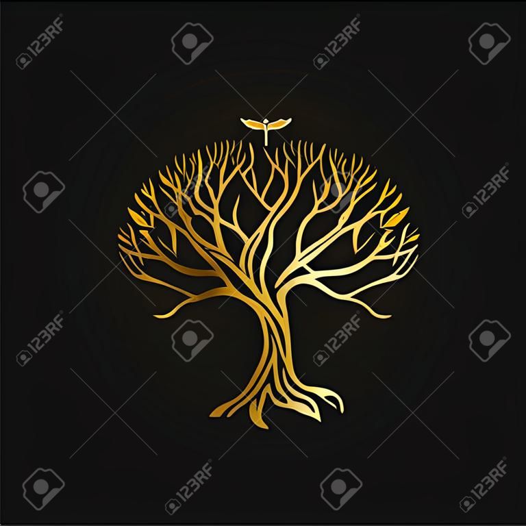 Silueta de árbol dorado. Ilustración vectorial sobre fondo negro