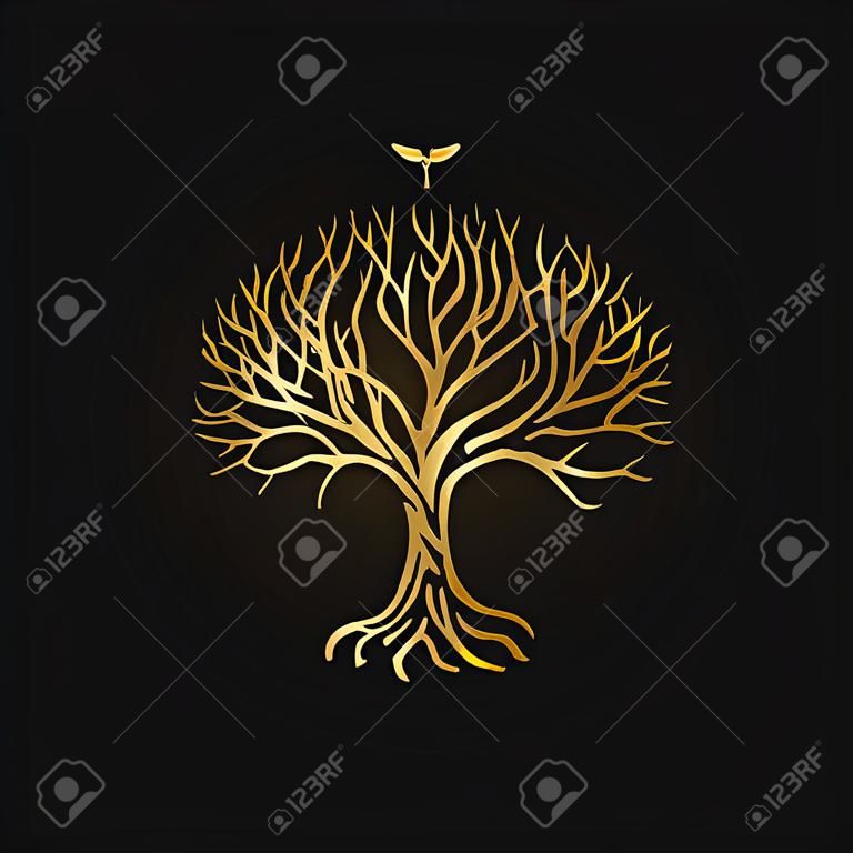 Silueta de árbol dorado. Ilustración vectorial sobre fondo negro