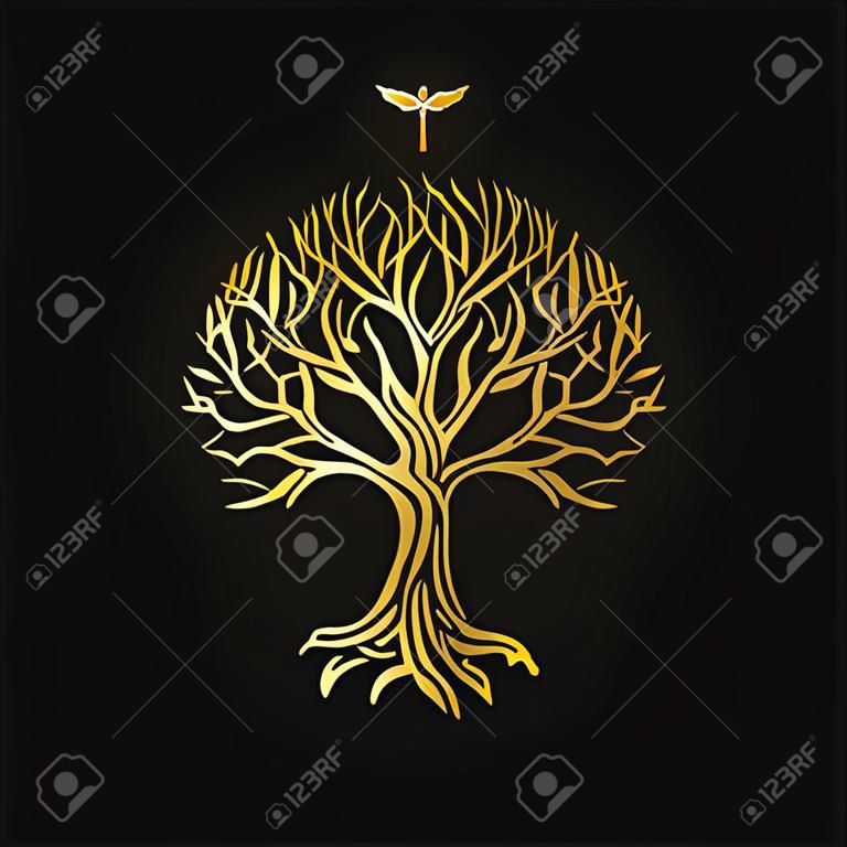 Sylwetka złotego drzewa. ilustracja wektorowa na czarnym tle