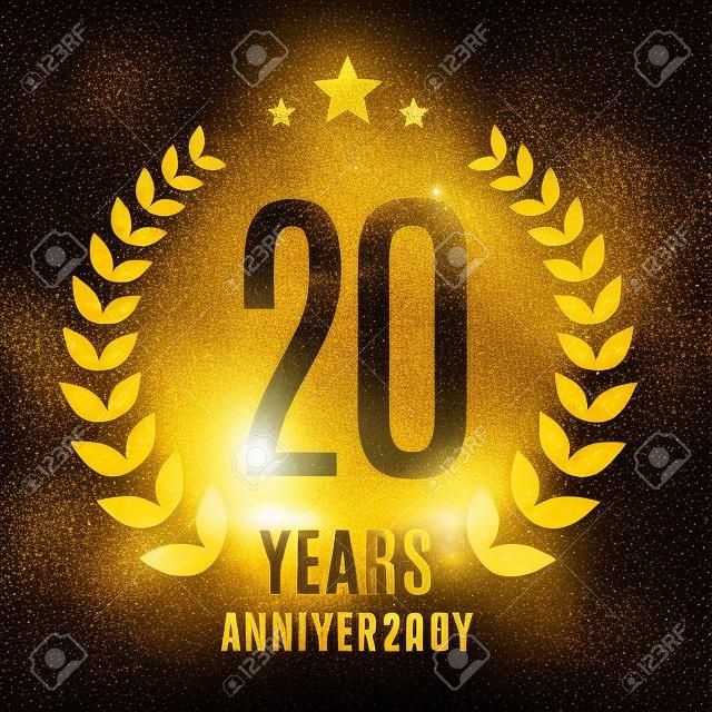 Twenty years gold anniversary symbol. 20th twenties. Golden glitter icon celebration for poster, banner, web header.