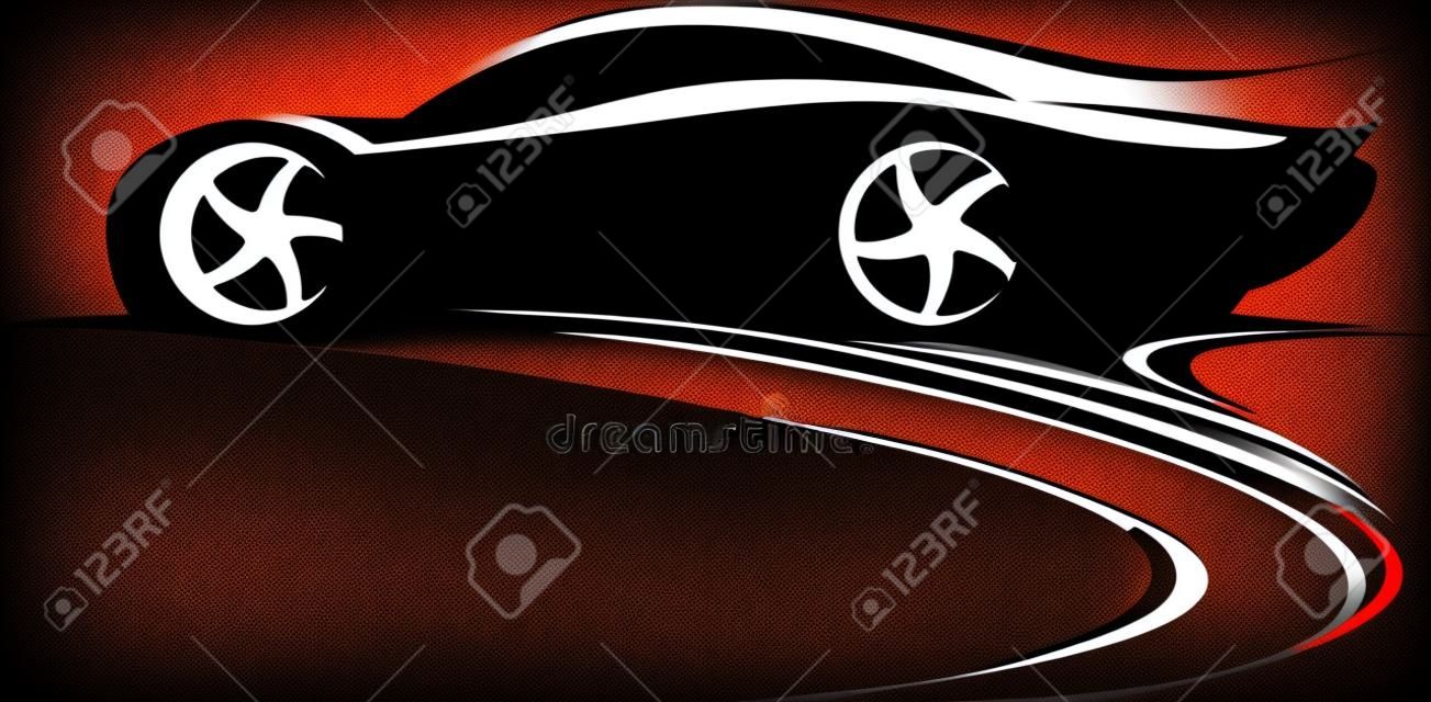 Sport car label design. Fast car emblem. Black and white drifting car silhouette. Vector illustration