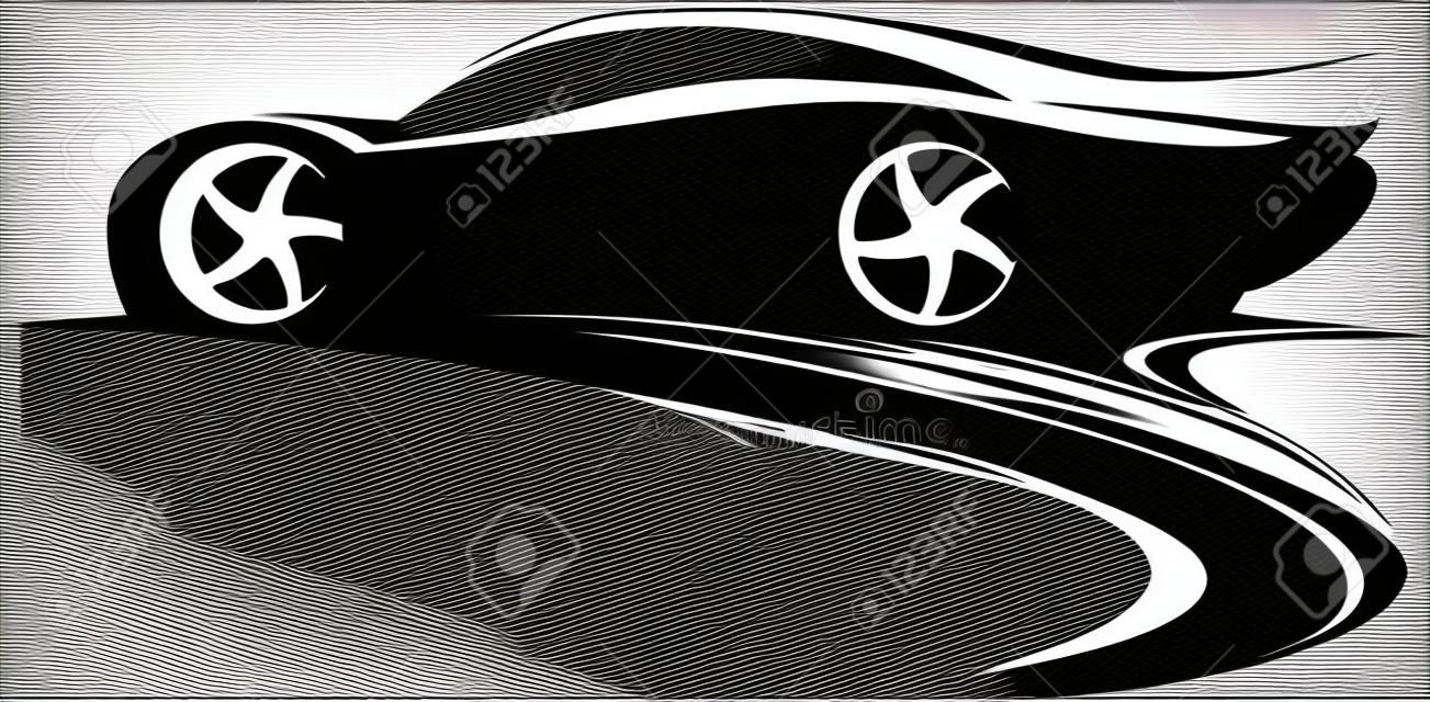 Spor araba etiket tasarım. Hızlı araba amblemi. Siyah ve beyaz sürüklenen araba siluet. vektör çizim