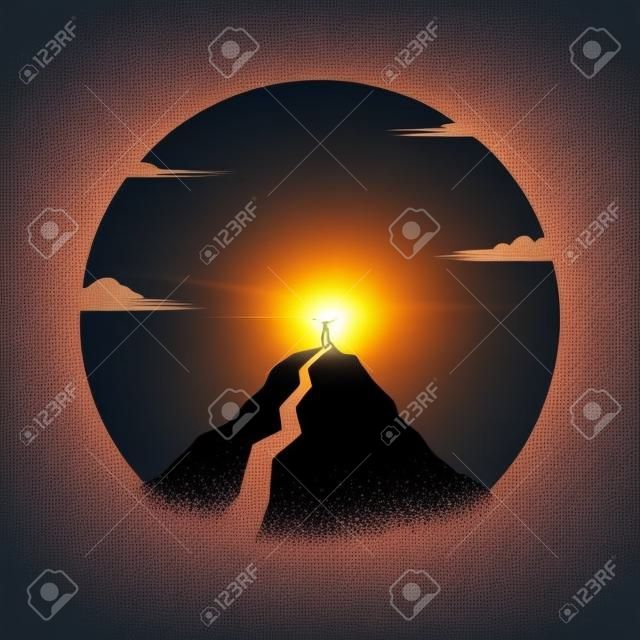 Silhouette traveler man. freedom man on top of the mountain. landscape with a tourist on top of cliff celebrating success with raised hands. sunset background. minimal. Vector illustration flat