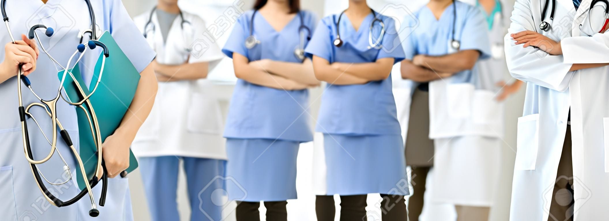 Healthcare people group. Professional doctor working in hospital office or clinic with other doctors, nurse and surgeon.