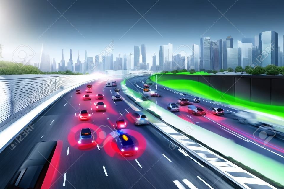 無人運転モードの自動車制御の安全性のための自動運転車センサーシステムのコンセプト。近くの車両と歩行者を感知する将来のアダプティブクルーズコントロール。高度道路交通技術。