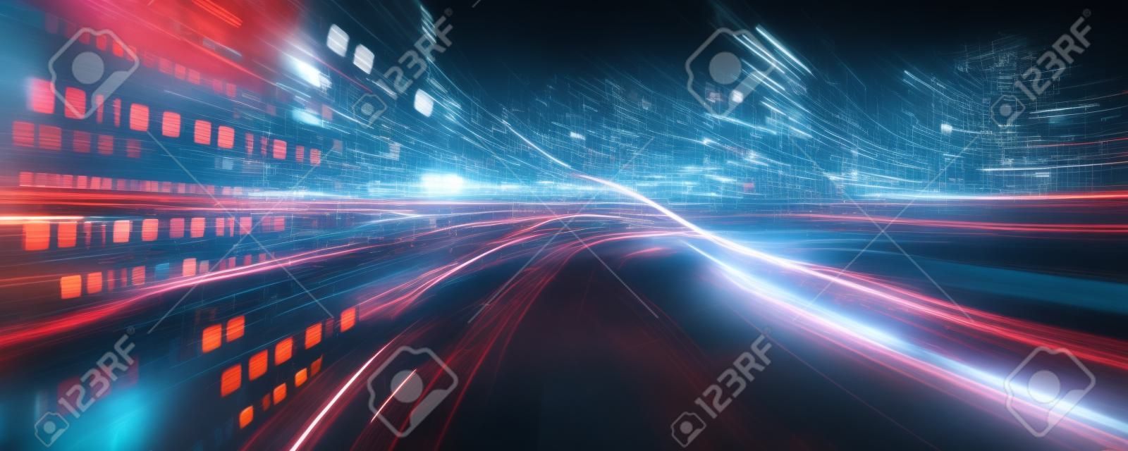Digitaler Datenfluss auf der Straße mit Bewegungsunschärfe, um eine Vision von schneller Geschwindigkeitsübertragung zu schaffen. Konzept der zukünftigen digitalen Transformation, disruptive Innovation und agile Geschäftsmethodik.