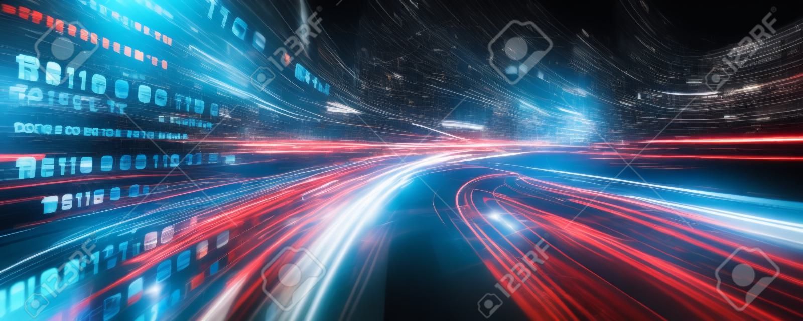 Digitaler Datenfluss auf der Straße mit Bewegungsunschärfe, um eine Vision von schneller Geschwindigkeitsübertragung zu schaffen. Konzept der zukünftigen digitalen Transformation, disruptive Innovation und agile Geschäftsmethodik.