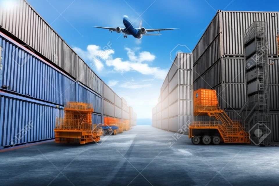 Cargo container for overseas shipping in shipyard with airplane in the sky . Logistics supply chain management and international goods export concept .
