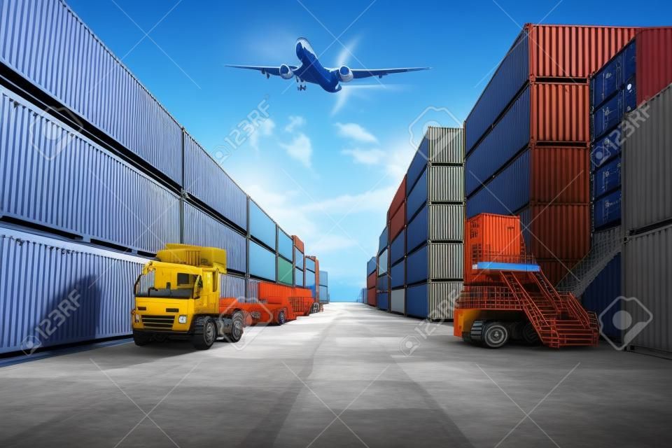 Cargo container for overseas shipping in shipyard with airplane in the sky . Logistics supply chain management and international goods export concept .