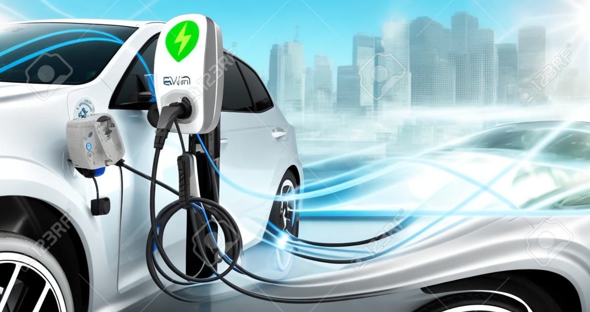 Estação de carregamento EV para carro elétrico no conceito de energia verde e energia ecológica produzida a partir de fonte sustentável para fornecer à estação de carregador, a fim de reduzir a emissão de CO2.