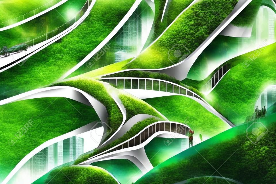 Splendid environmental awareness city with vertical forest concept of metropolis covered with green plants. Civil architecture and natural biological life combination. Digital art AI generated image.