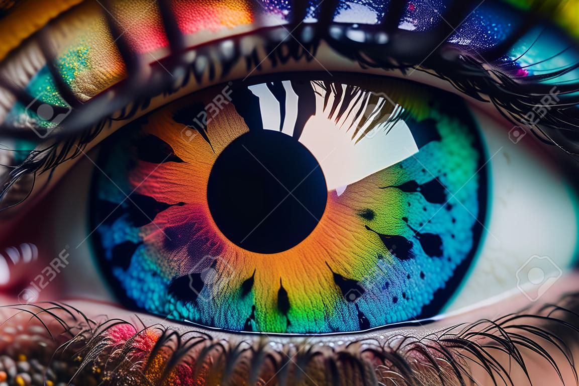 Feche acima da vista do olho fêmea com o globo ocular multicolorido e o pó colorido da composição. Imagem generativa Peculiar AI.