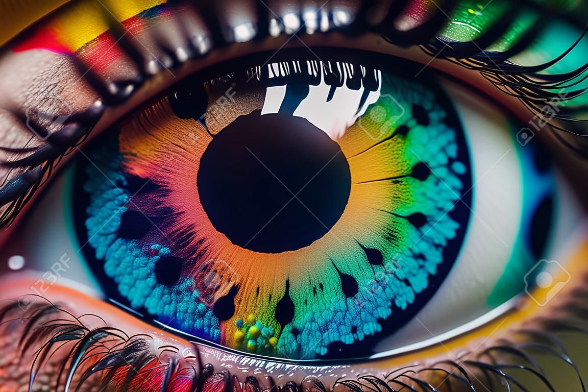 Close up view of female eye with multicolored eyeball and colorful makeup powder. Peculiar AI generative image.