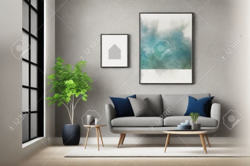 Modern comfortable living room interior design living space. Peculiar AI generative image.