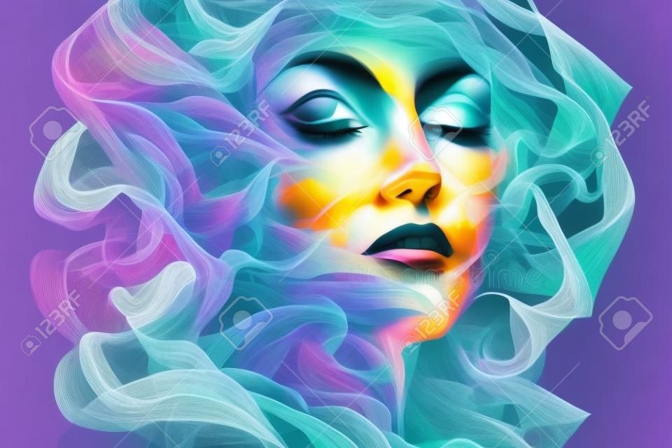 Abstract face of mystic lady glamour artistic mixing of face and fabric cloth showing concept of dream , imagination, spirit and psycology . Admirable Generative AI image .