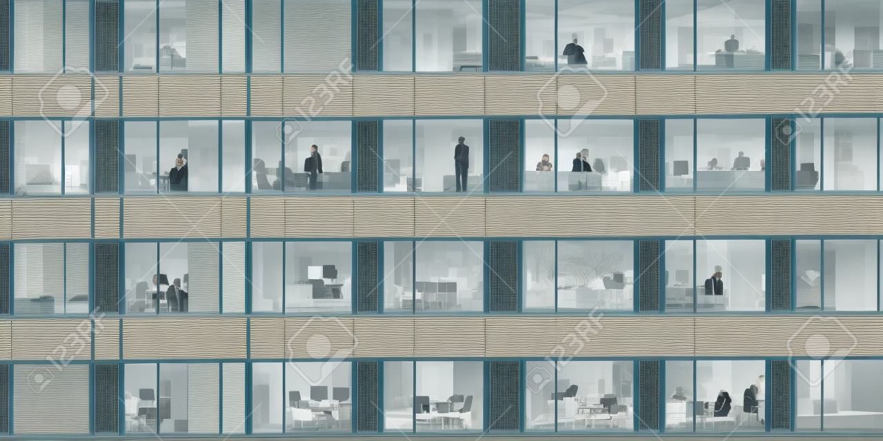 Buitenaanzicht van het kantoorgebouw, veel ramen met zakenmensen die binnen generatieve ai aig18 werken