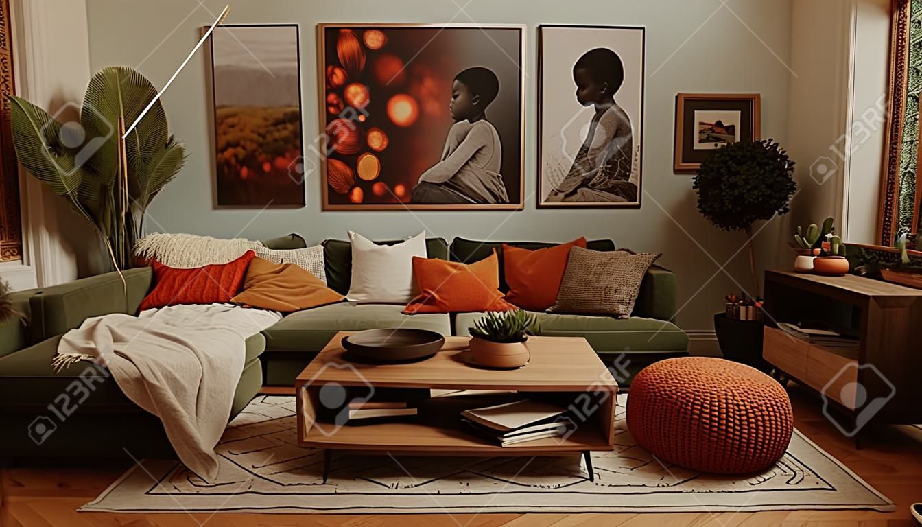 Premium Photo  Comfortable boho styled and cozy living room with  ecofriendly decoration Generative AI