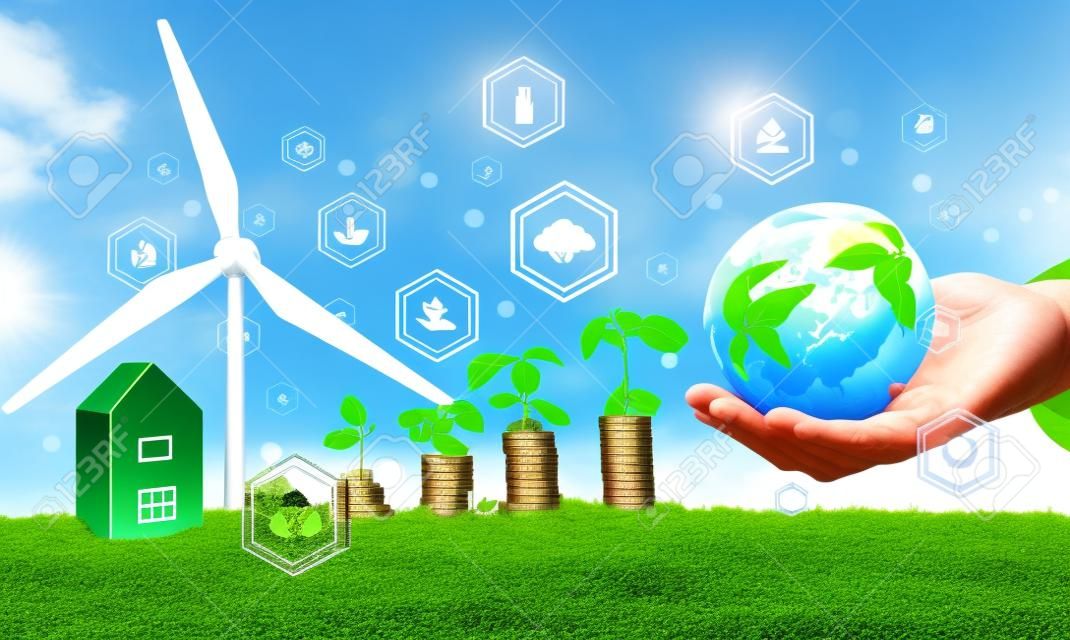 Groeiende geld- of muntstapel met zakelijke investeerders, investeer in netto nul en duurzame energietechnologie, groene bedrijfsinvesteringen en financiële groei op basis van afhankelijkheid van ecologische duurzaamheid