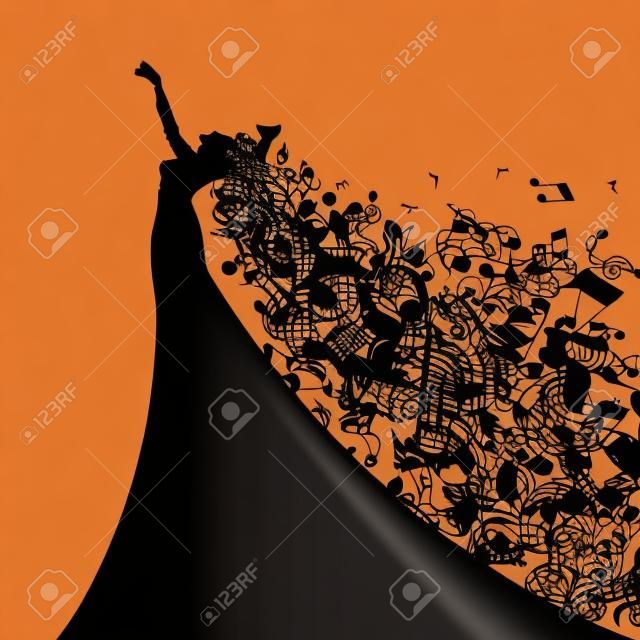 Sziluettje Opera Singer a haja, mint Musical Notes. Vektor illusztráció