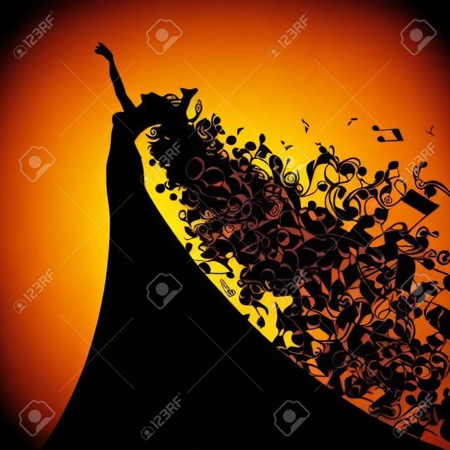 Silhouette of Opera Singer with Hair Like Musical Notes. Vector Illustration