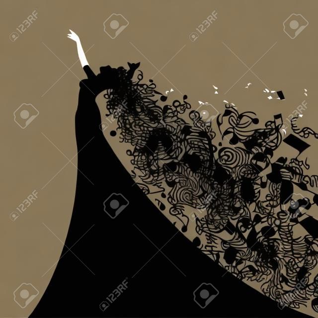 Silhouette of Opera Singer with Hair Like Musical Notes. Vector Illustration