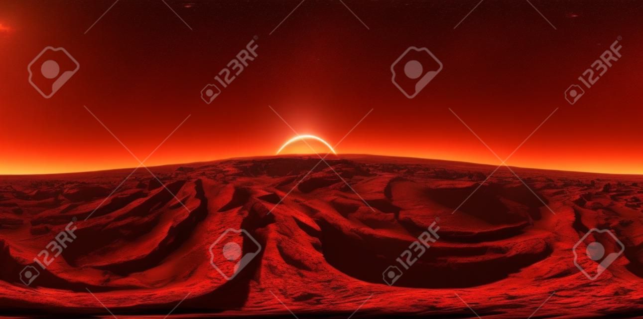バック グラウンドで赤い惑星火星のフォボスのパノラマ HDRI 環境をマップします。方眼図法、球形のパノラマ。3 d レンダリング