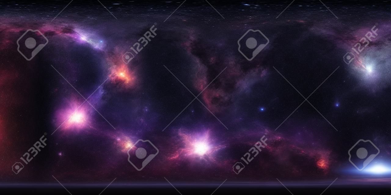 360 Равнопрямоугольная проекция. Космический фон с туманностью и звездами. Панорама, карта окружения. Сферическая панорама HDRI. 3d иллюстрация