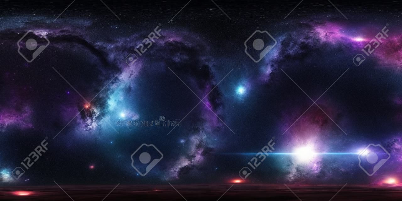 360 Equirectangular projection. Space background with nebula and stars. Panorama, environment map. HDRI spherical panorama. 3d illustration