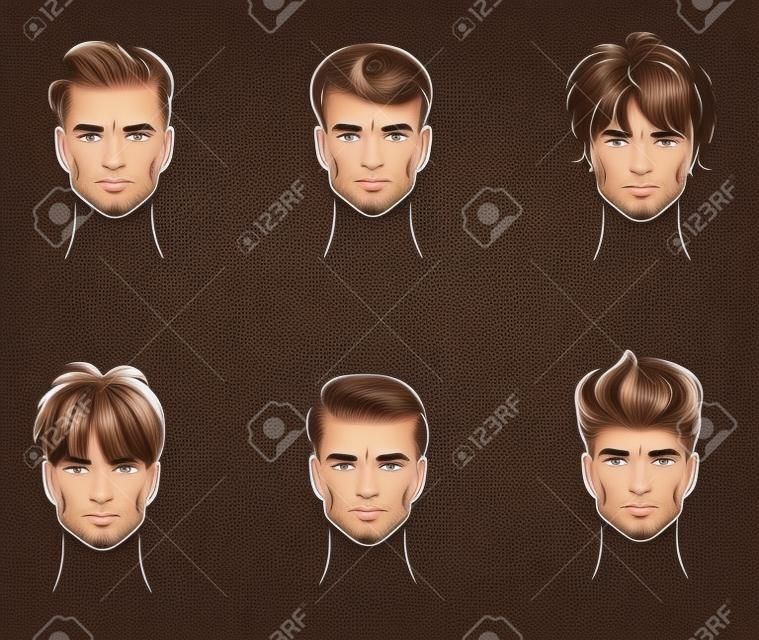 Ilustración de las seis opciones de peinados hombres s de la parte delantera