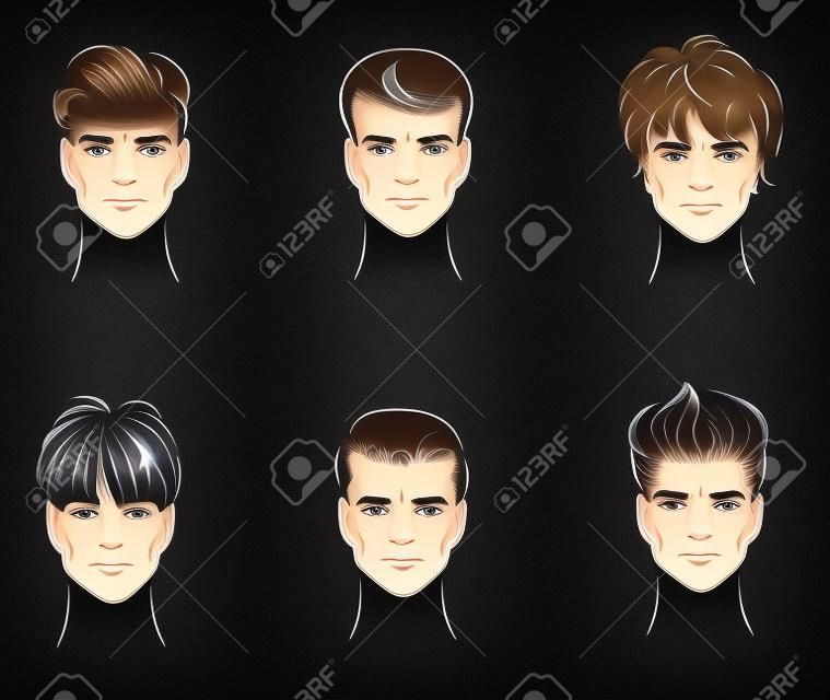 Ilustración de las seis opciones de peinados hombres s de la parte delantera