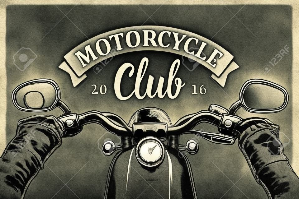 Байкер вождения мотоцикла едет. Вид на руле мотоцикла. гравированные иллюстрации, изолированных на темном фоне старинных. Для веб-страниц, постер мотоклуба.