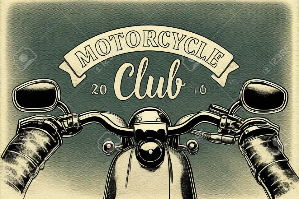 Biker przejechaniu przejażdżki motocyklowe. Widok na kierownicy motocykla. grawerowane ilustracji samodzielnie na ciemnym tle archiwalne. Do sieci, plakat klubu motocyklowego.